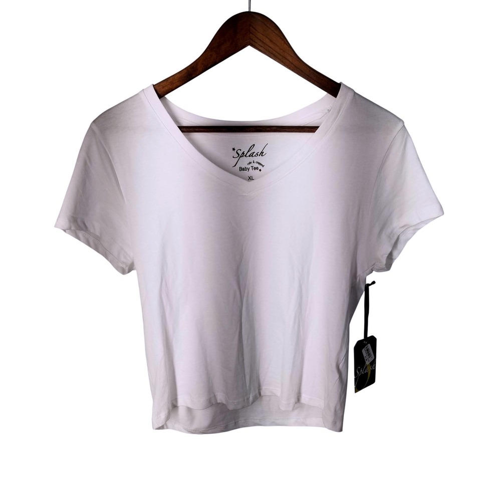 Splash White V-Neck Baby Tee Cropped Short‎ Sleeve Shirt XL NEW 3327-120